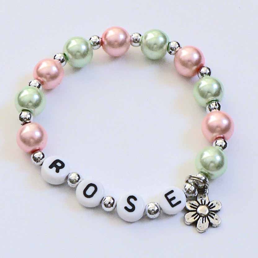 Pink & Green Personalized Girls Name Bracelet Children's Jewelry Bracelet with Flower Charm Party Favor Infant Child Kid Sizes