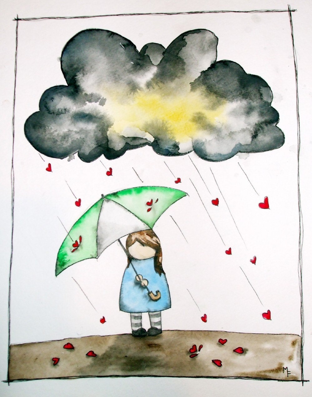 A Brick Wall 8x10 Art Print cute girl under umbrella raining hearts