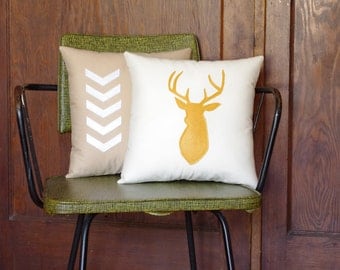 Mustard & Natural Decorative Pillows - Set of Two - Deer Buck Head and Chevron Pillow 14X14 - yellow and beige