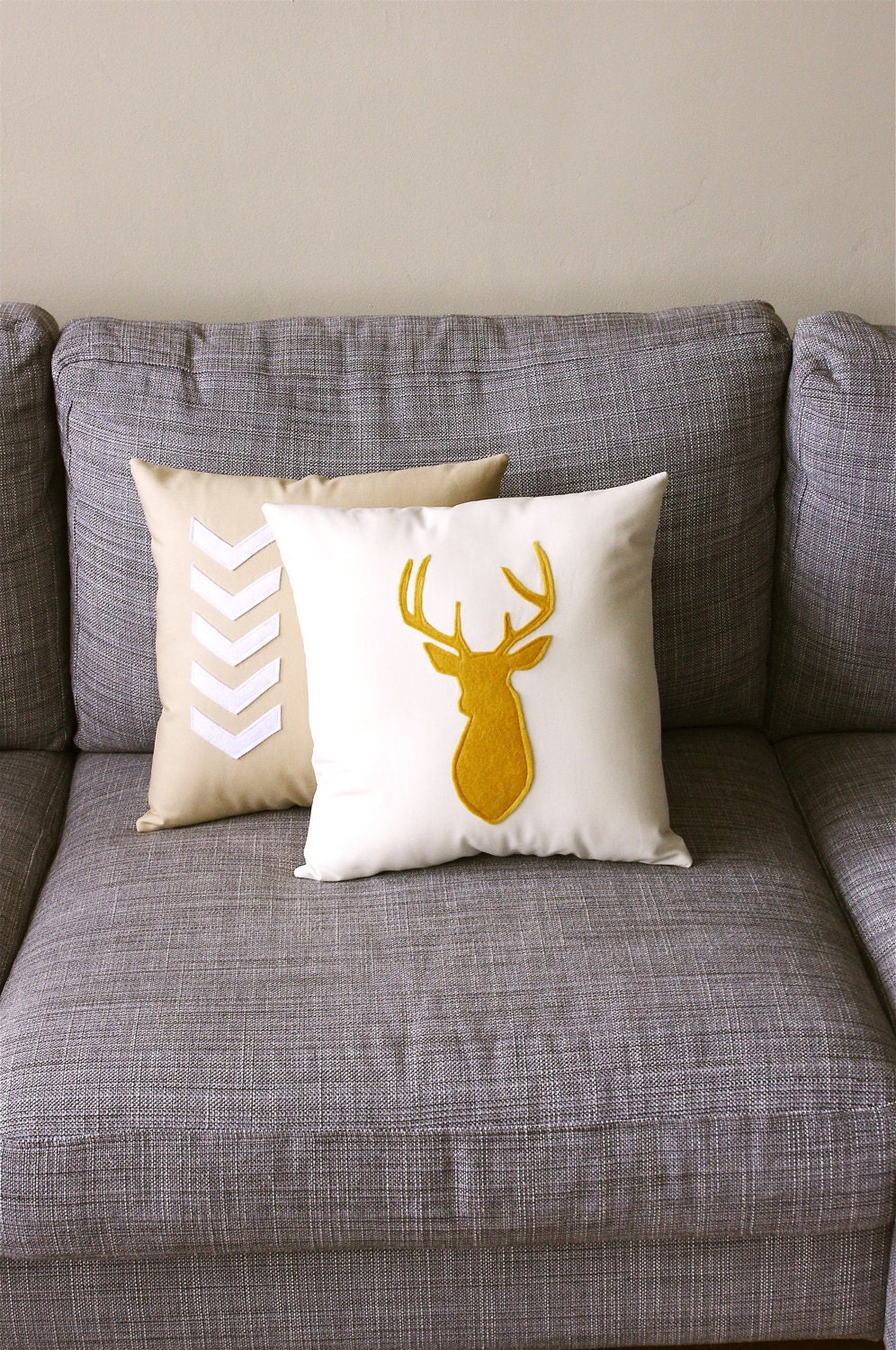 Mustard & Natural Decorative Deer Pillow - 14X14 - yellow and beige