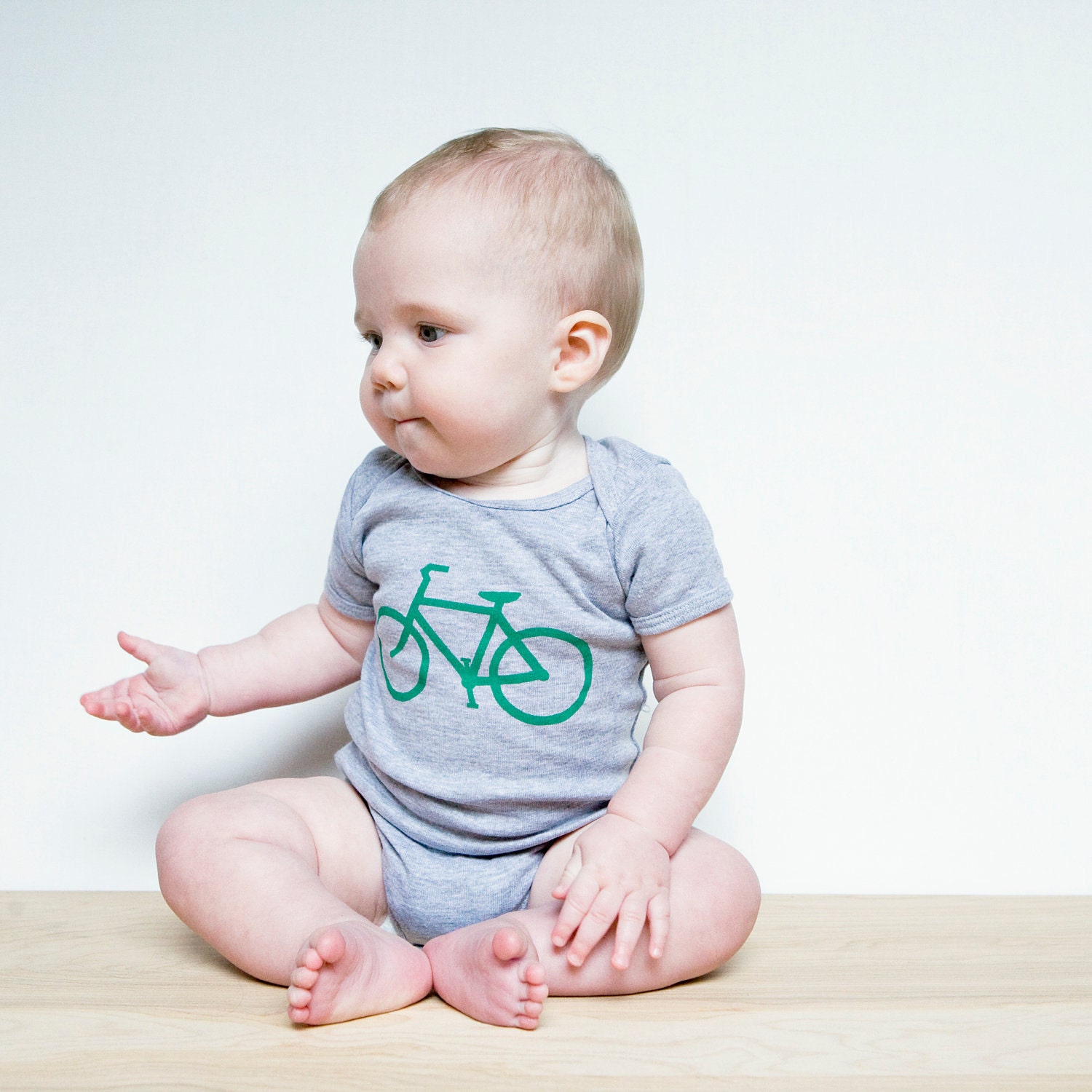 Green Bike on Heather Gray Baby Onesie- Bicycle, Infant, Screenprint, Cycling Bodysuit
