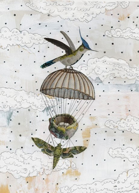 Bird Art Print , Hummingbird Painting , Balloon Art , Mixed Media Collage Art Reproduction , Whimsical Art 5x7
