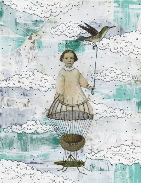Surreal Art Print , Balloon Art Painting , Mixed Media Collage Painting , Whimsical Art Reproduction , 5x7
