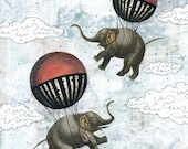 Elephant Art Print , Hot Air Balloon Art Painting , Whimsical Art Flying Elephants , 8x10 Reproducion