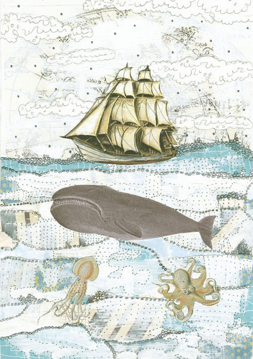 Whale Art. Beach Decor. Collage Mixed Media Print. 5x7 Mollusk Sea