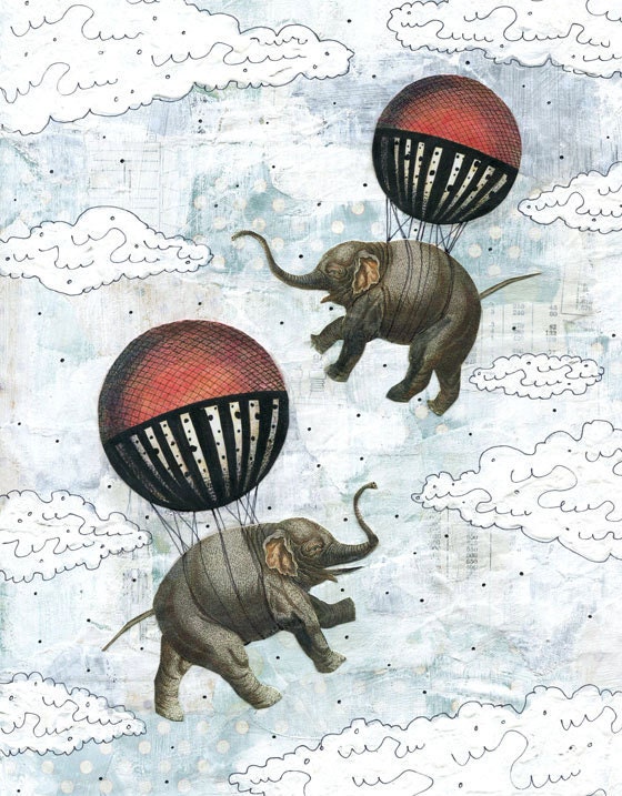 Elephant Art Print , Hot Air Balloon Art Painting , Whimsical Art Flying Elephants , 8x10 Reproducion. Print 010.