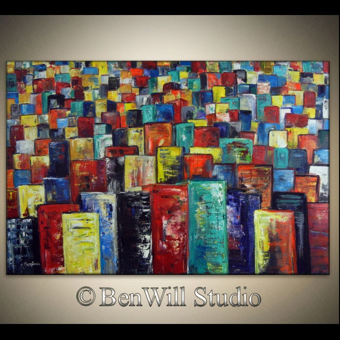 HUGE Abstract CITY Painting Modern Art COLORFUL Original  Contemporary Painting on Gallery Canvas, Ready to Hang 60x40 by BenWill