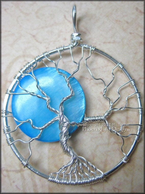 Once In A Blue Moon - Full Moon Tree of Life Pendant in Sterling Silver Wire with Aqua Blue Pearl Shell Original Design Miss M. Turner PFD