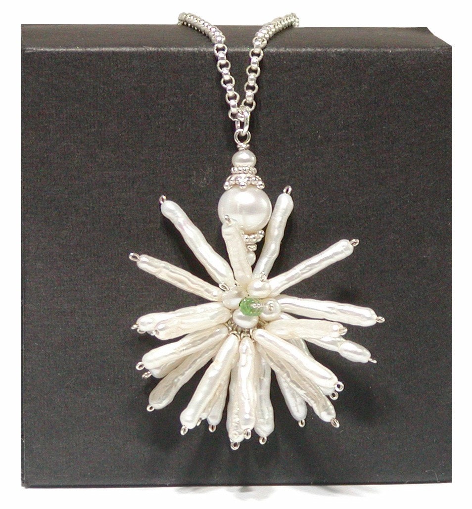 White Pearl Necklace Pendant, Stick Pearls, Emerald and Sterling Silver