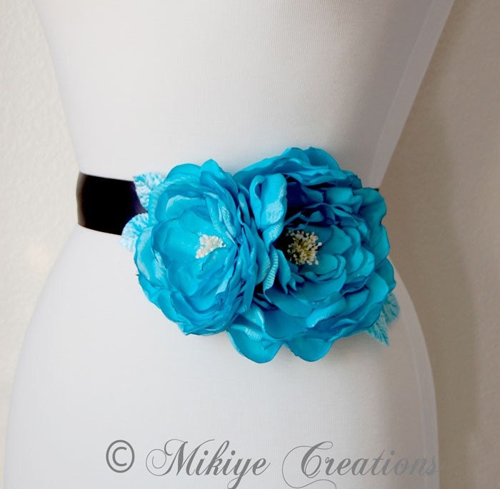 Bridal Blue Headpiece, Wedding Blue Sash Accessory, Wedding Accessories, Bridal Floral Hair Flowers In Turquoise