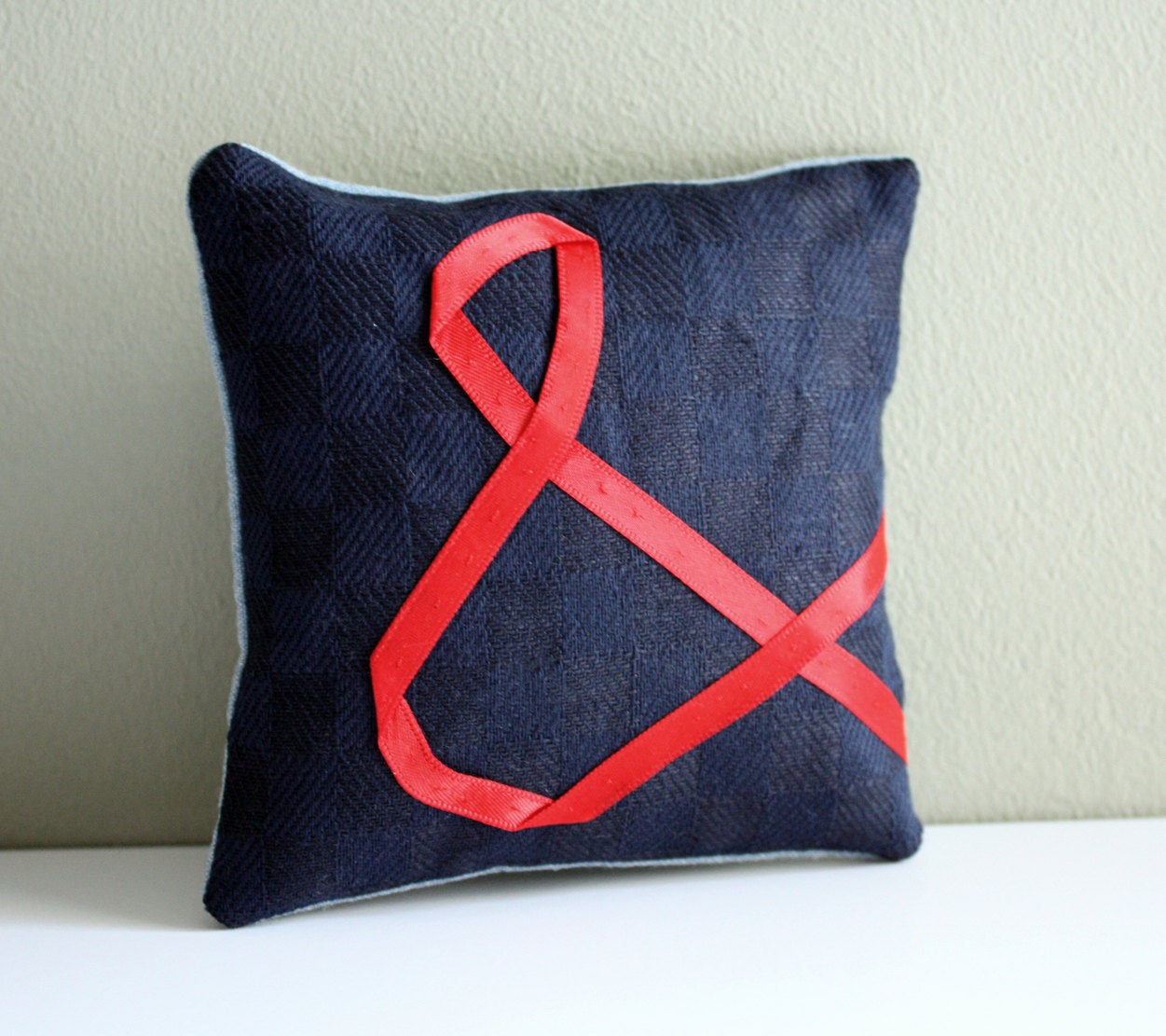 Ampersand pillow & and sign cushion navy blue linen mini pillow red ribbon lettering typography memake handmade home decor