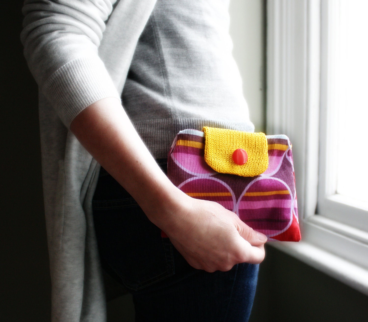 Geometric purse cotton clutch bag purple red corduroy knitted yellow yarn circles stripes memake handmade fashion