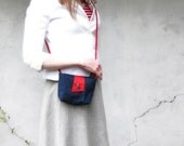 Nautical cross body bag navy blue denim purse red leather red cotton knit strap memake handmade fashion accessory