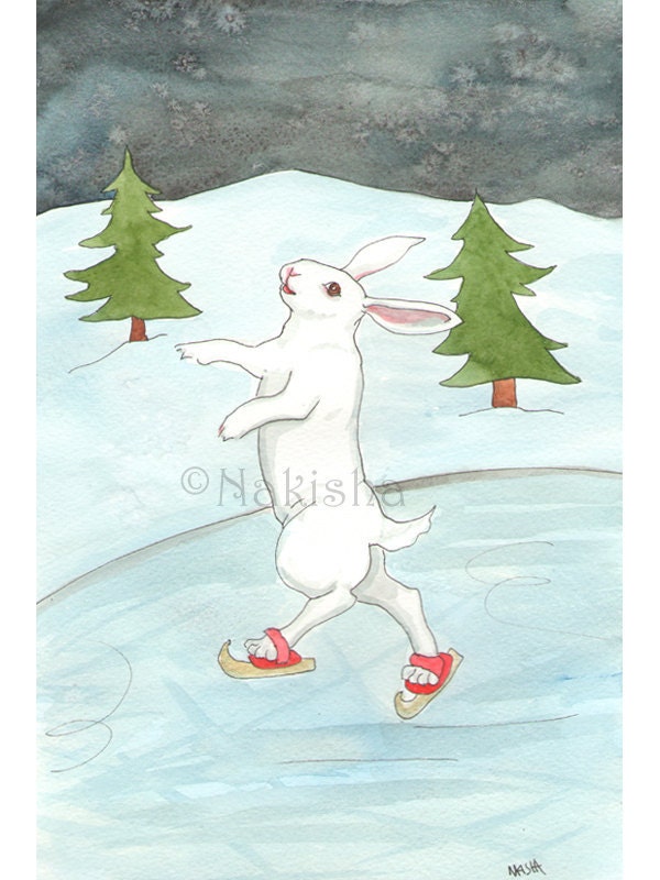 Ice Skating - Original Watercolor Rabbit Painting