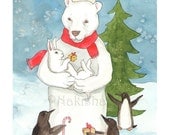 Snow Bear and Bunny - Original Watercolor Rabbit Illustration