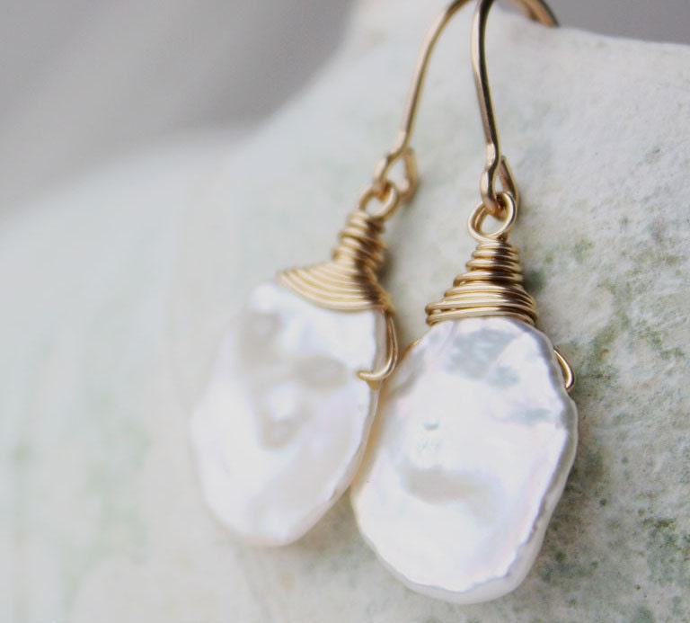 Pearl earrings, white bridal wedding jewelry, gold, keishi pearl