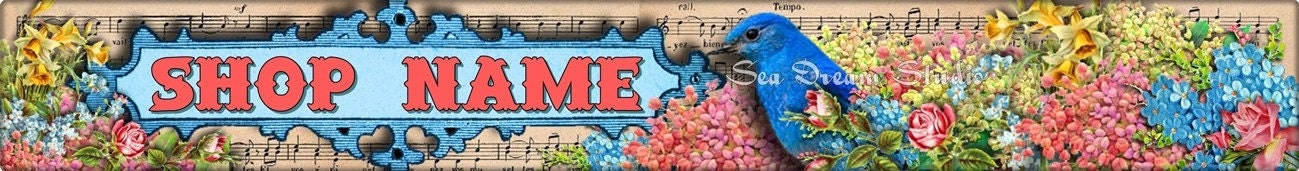 Pretty Bird Sheet Music and  Flowers Vintage Style Etsy Shop Banner and Avatar by Sea Dream Studio