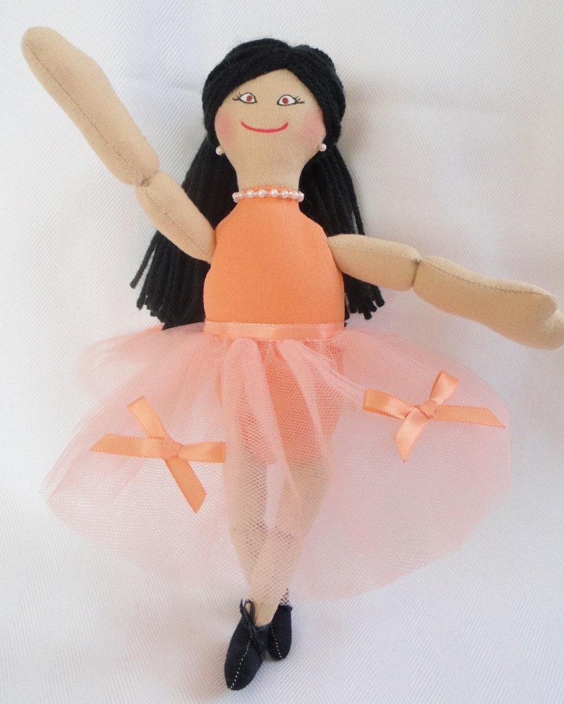 Ballerina Doll in Peach Tutu - OOAK Cloth Doll by Joelle's Dolls