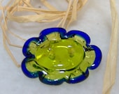 Lampwork Button, Cobalt and Green 2 Hole, Handmade SRA LETEAM Glassymom