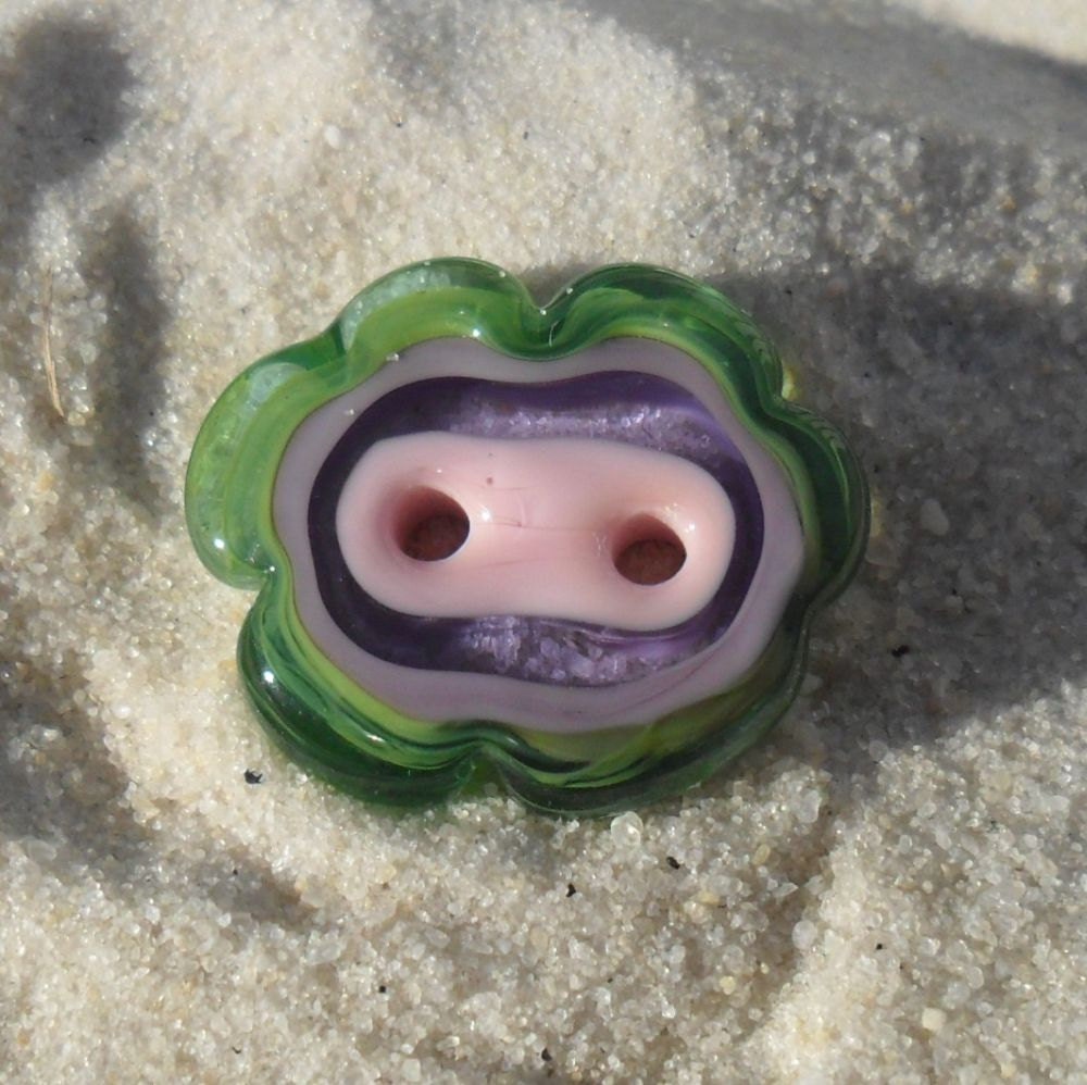 Lampwork 2 Hole Button, Pink and Green, Handmade SRA LETEAM Glassymom