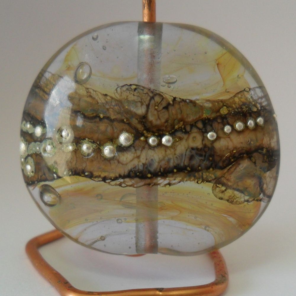 Lampwork Bead Focal Lentil, Silver-Olympia Rain, Handmade SRA LETEAM Glassymom