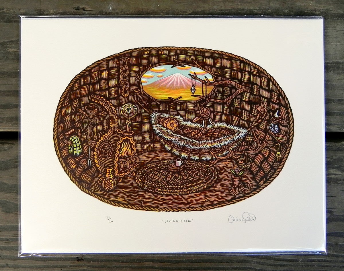 LIVING ROOM Woodcut Print, Woodblock Print