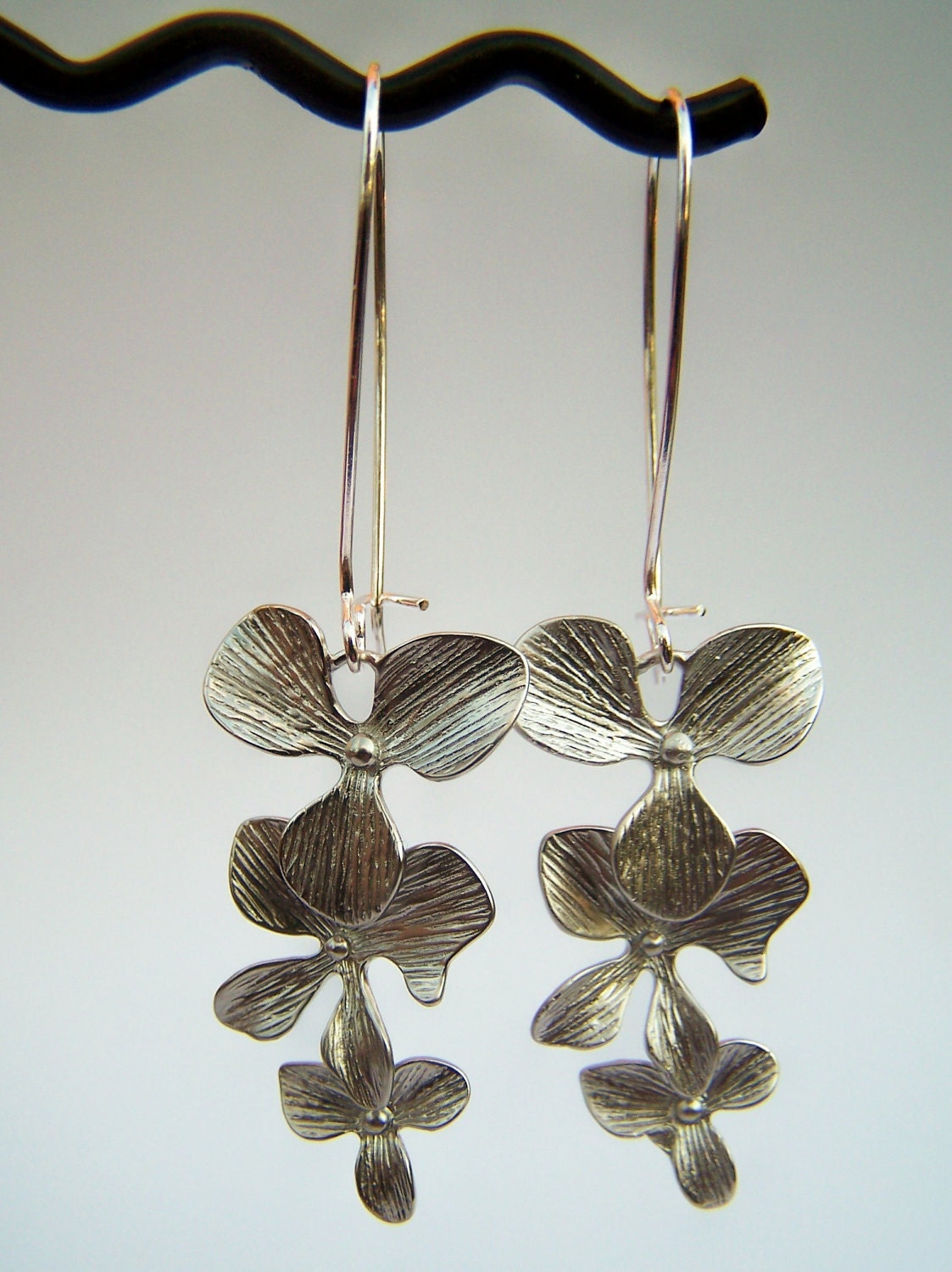 Silver Flower Earrings, Trio of Blossoms on Kidneywires,  Cascading Clover Dangles - Fiore