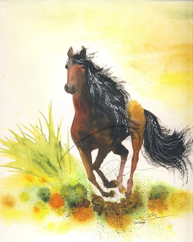 Graceful Thunder - Art Print free spirit wild horse cute pony kids room decor design watercolor prairie landscape painting Oladesign 5x7