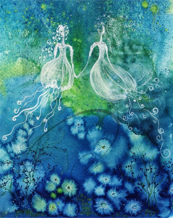 Sisters - Watercolor Art Print painting water fairy girls nursery fantasy jellyfish nymph fairies twin girls room gemini Oladesign 11x14