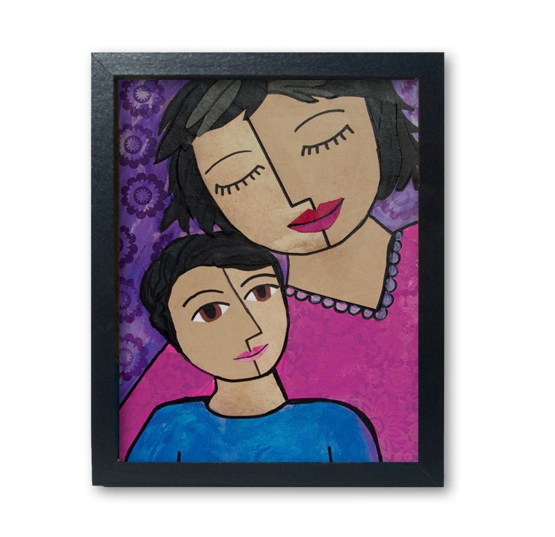 Hispanic Mother Son ART, family portrait MOTHER art PRINT - 8 x 10 giclee, whimsical art,  mixed media collage art, Mothers Day Gift
