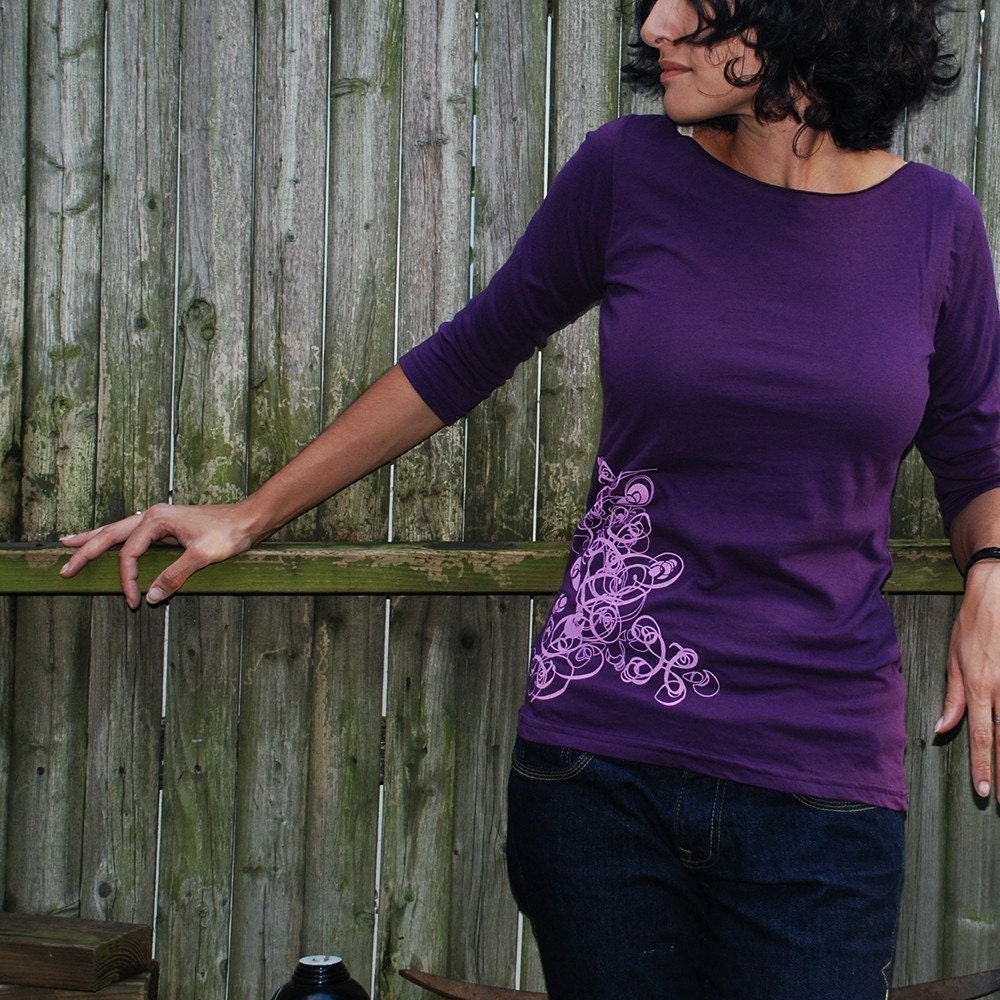 Silkscreen womens tshirt, purple 3/4 sleeve, deco design, S-XL, womans top