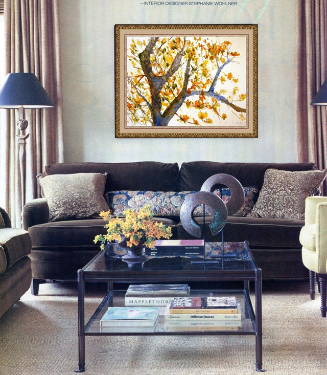yellow abstract art, LARGE modern abstract Tree art, Watercolor Branches Painting 22x30 honey gold Yellow home decor