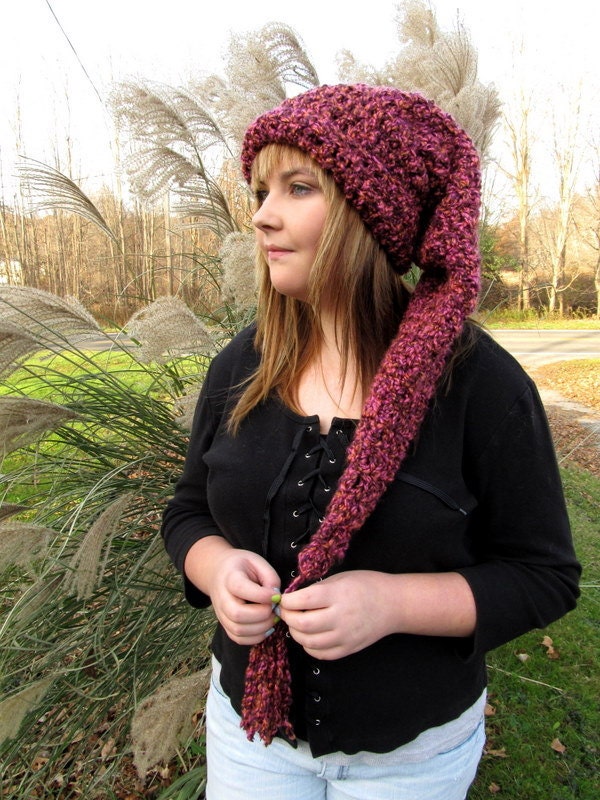 Long Stocking Cap Hat with Tassel Rose Pink with Brown