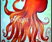 octopus jellyfish nautical ocean sea beach blue crab orange blue shore seafood kitchen restaurant art summer print