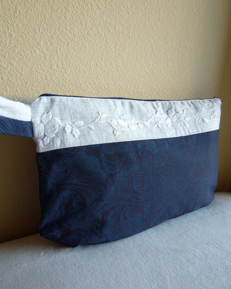 wristlet with white vintage lace, embroidery and dark blue damask fabric - pippa clutch