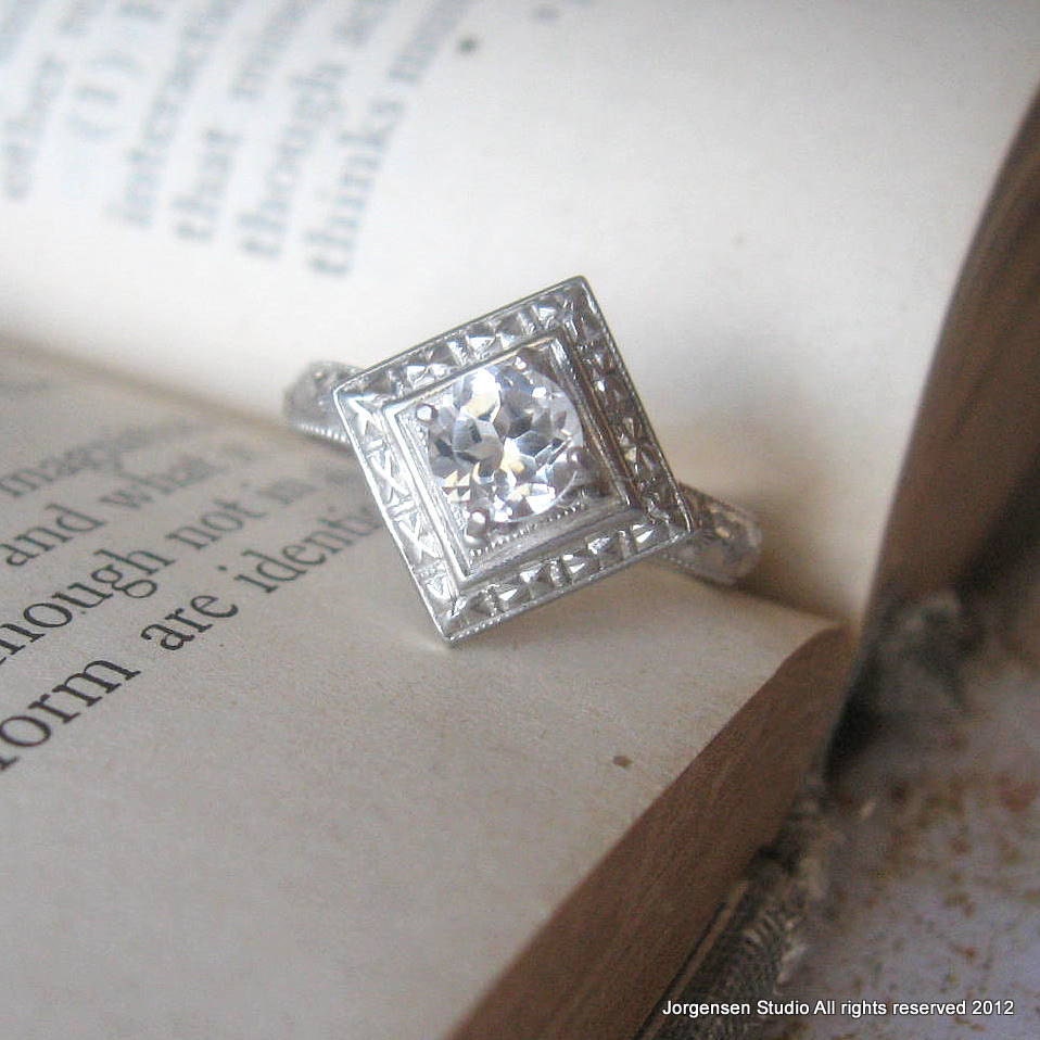 Edwardian Engagement Promise Ring with Round White Topaz Gemstone Sterling Silver