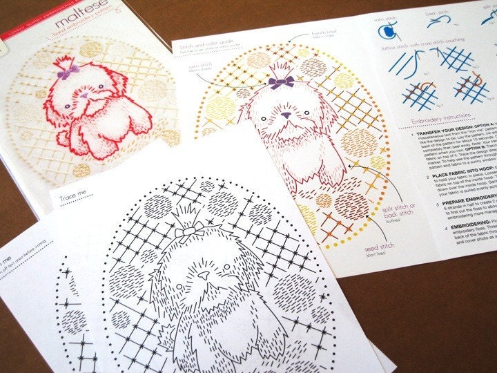 Maltese puppy hand embroidery pattern with iron on transfer - printed