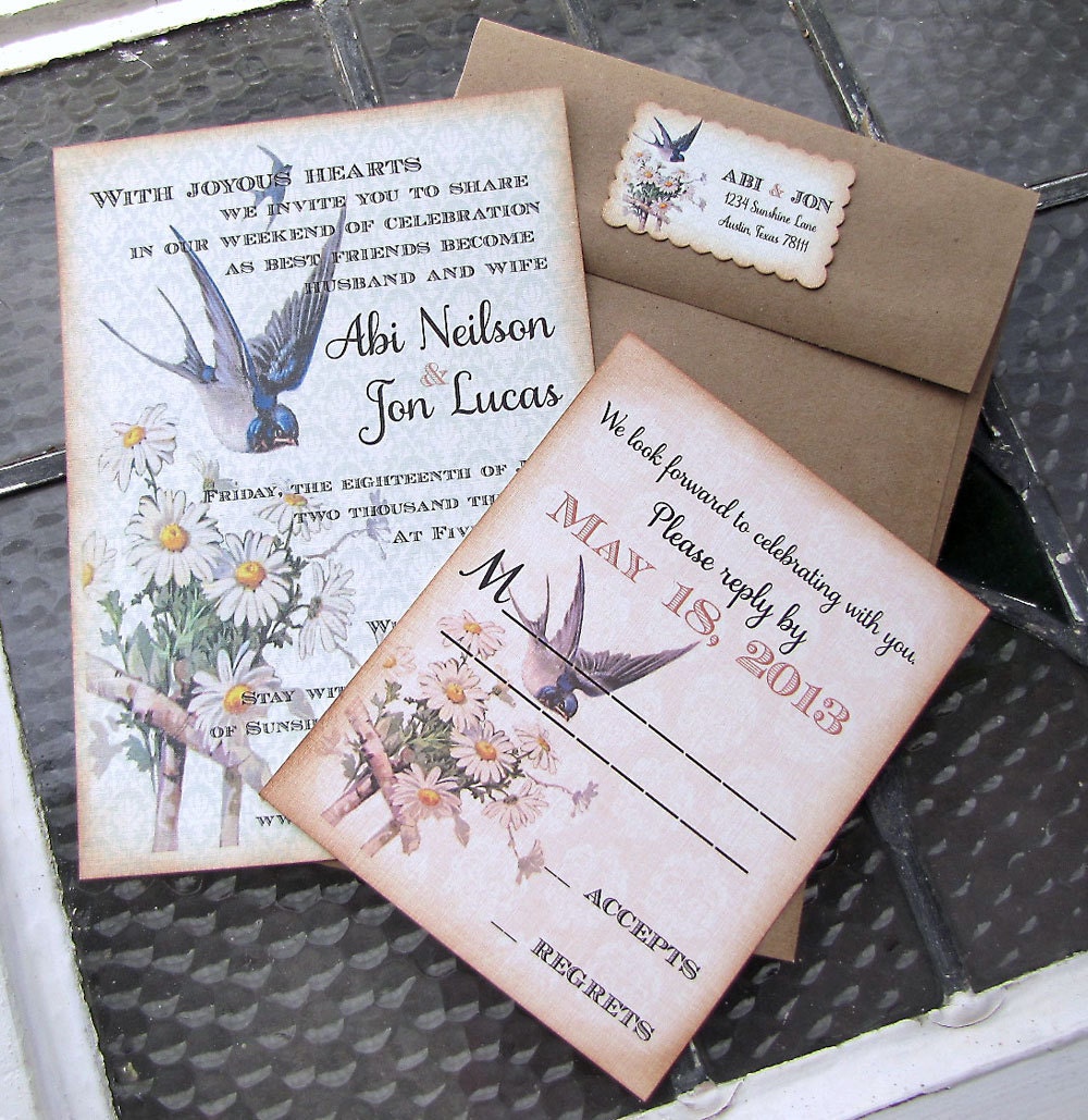 Vintage Wedding Invitation- Blue Bird of Happiness- Garden Wedding