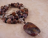 Gemstone Beaded Pendant Necklace Pietersite Cube Sterling Silver Plum Burgundy