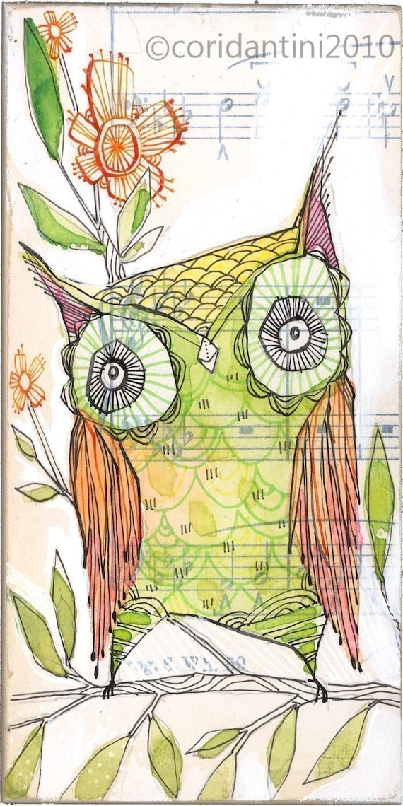 green owl - watercolor painting - bird art - limited edition and archival print-  5 x 10 inches - by cori dantini