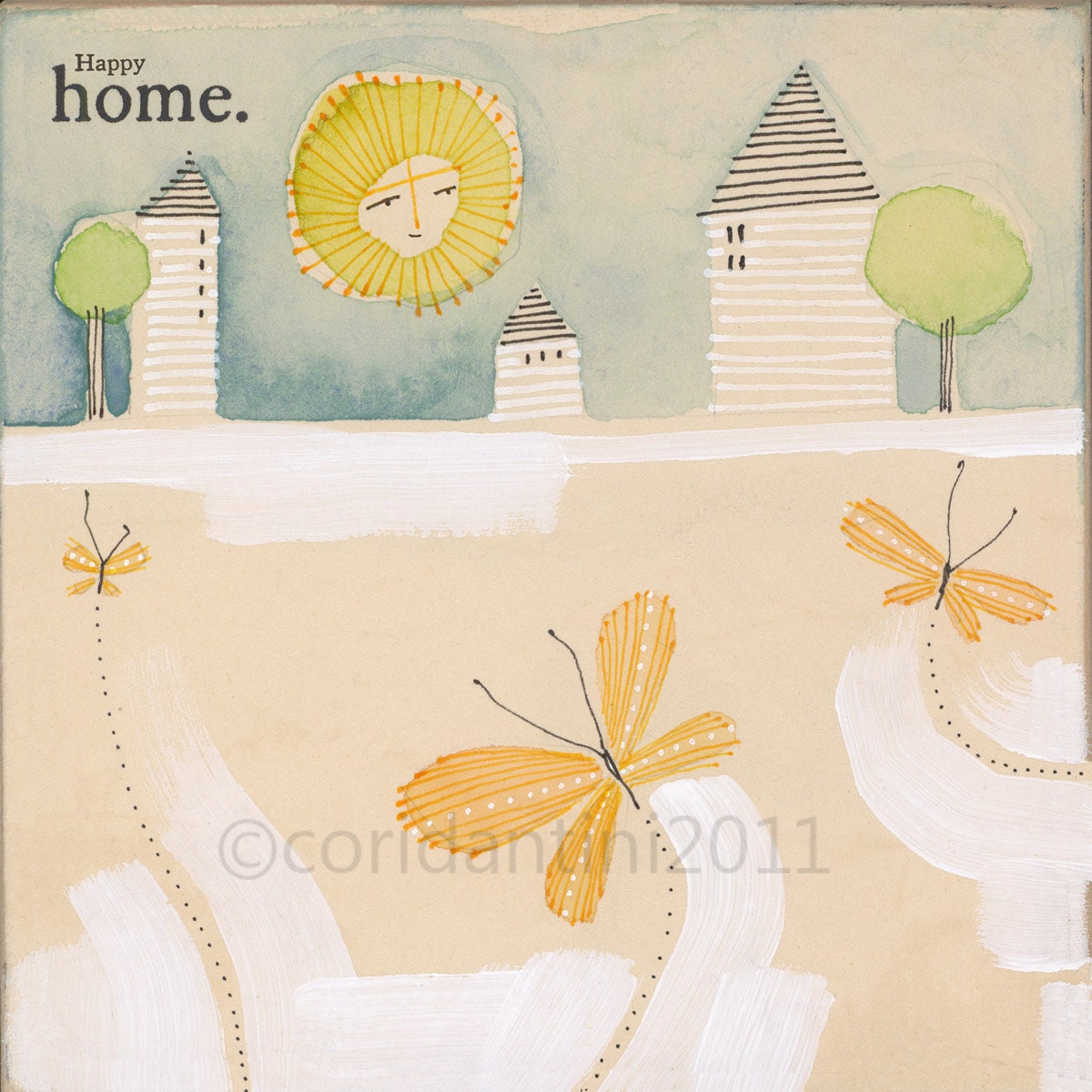 landscape watercolor painting of a house - ink - folk art -  8 x 8 inch limited edition archival print by cori dantini