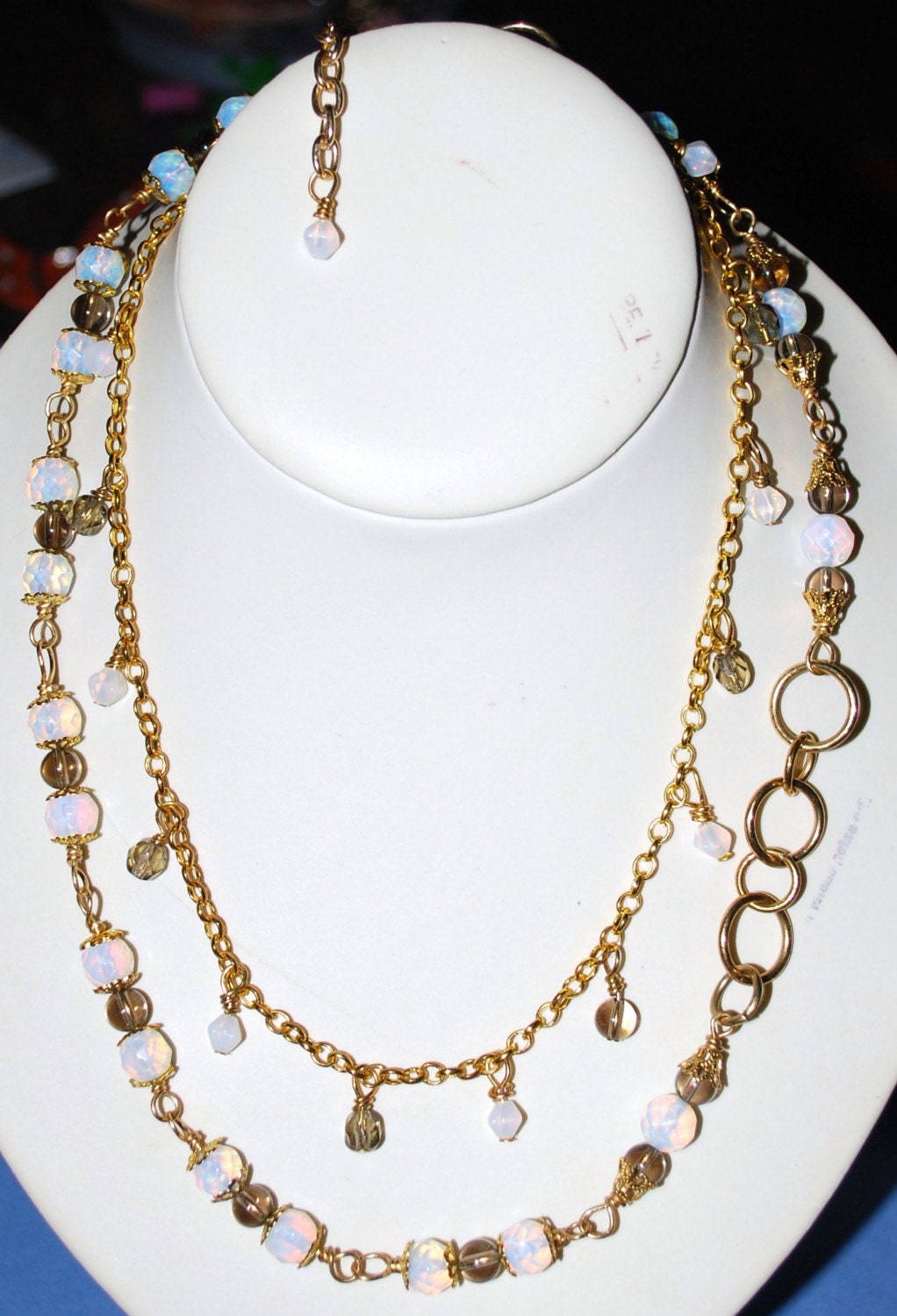 Opalite Necklace Double Strand Smoky Quartz Gemstone Gold Chain Handcrafted Jewelry