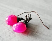 Raspberry Chalcedony Earrings Antique Copper Red Hot Pink Wire Wrapped