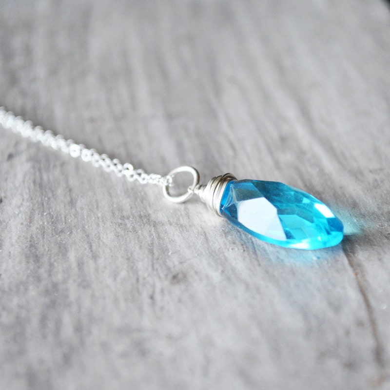 Neon Blue Necklace Sterling Silver Quartz Gemstones Bright Bold Colorful Wire Wrapped Jewellery