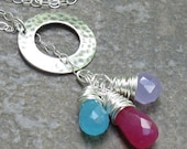 Sterling Silver Gemstone Lariat, Chalcedony & Candy Jade Briolettes Wrapped in Fine Silver... Delicate Necklace