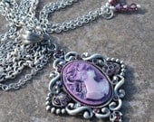 Purple Cameo Crystal Pendant, Antique Silver Satin, Long Triple Chains, Adjustable... Neo Victorian, Steampunk