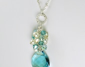 SALE Aqua Champagne, Crystal and Pearl Cluster Pendant Necklace