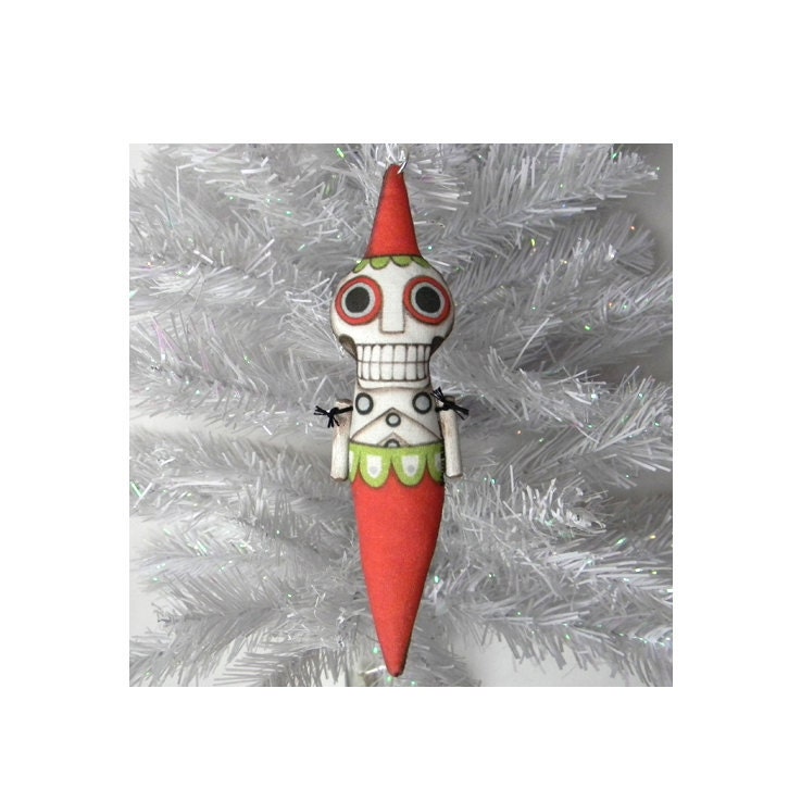 Skeleton Christmas Day of the Dead Sugar Skull Folk Art Ornament Doll-- Printed and Stuffed Cloth