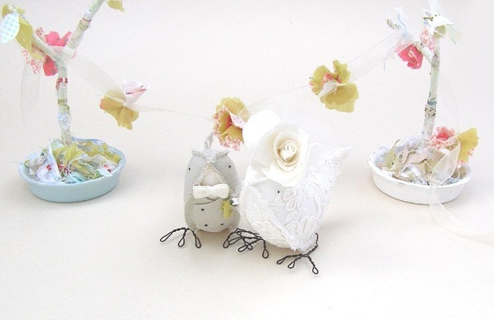 Wedding Cake Topper Love Birds Winter Fall Wedding LINEN and LACE