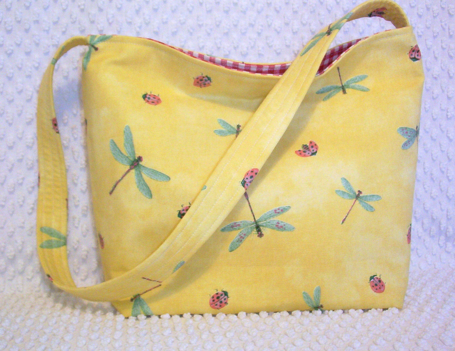 Hobo Bag Slouch Purse Shoulder Sling Bag Dragonflies and Ladybugs Yellow, Aqua and Red